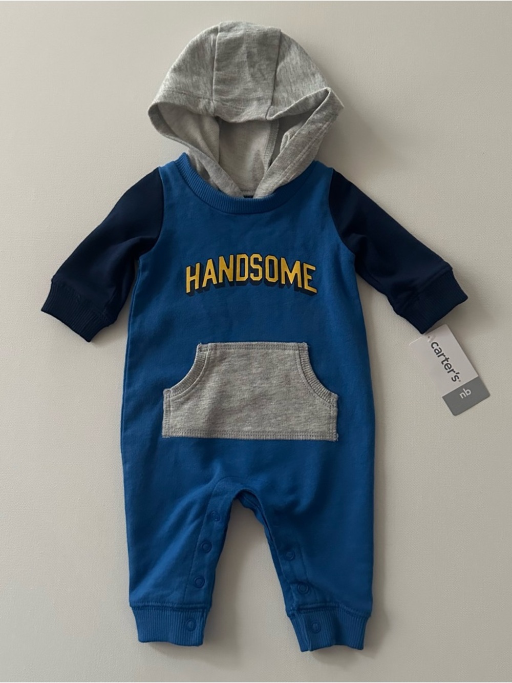 Carter's Newborn Baby Boy 'Handsome' Hooded One-Piece Romper Terry Cotton NWT